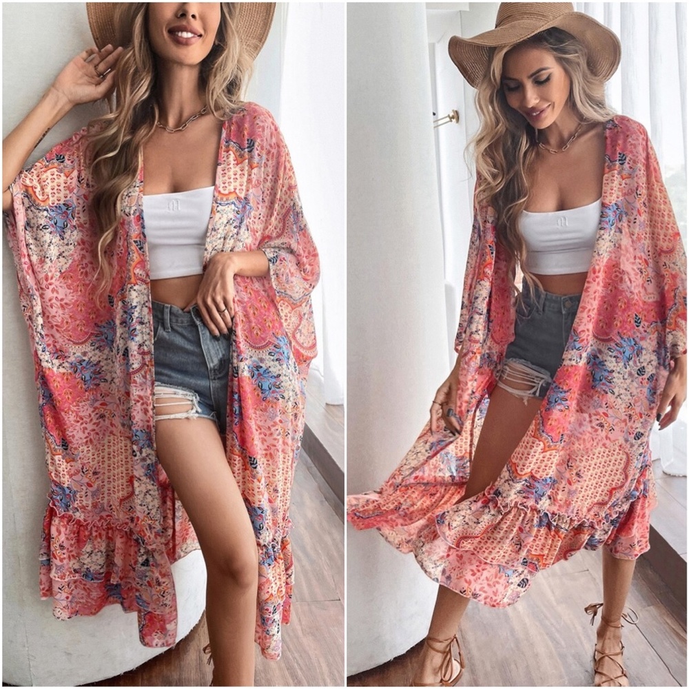 Boho Red Floral Paisley Ruffle Hem Kimono Cover up